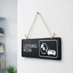 Personalized Music Listening Room Sign – Minimalist Vinyl Record Decor, Black White Wall Hanging