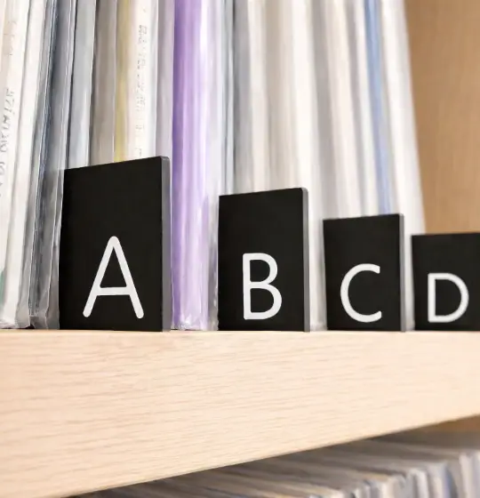 Black alphabetical A-Z vinyl record dividers organized on a wooden record shelf.