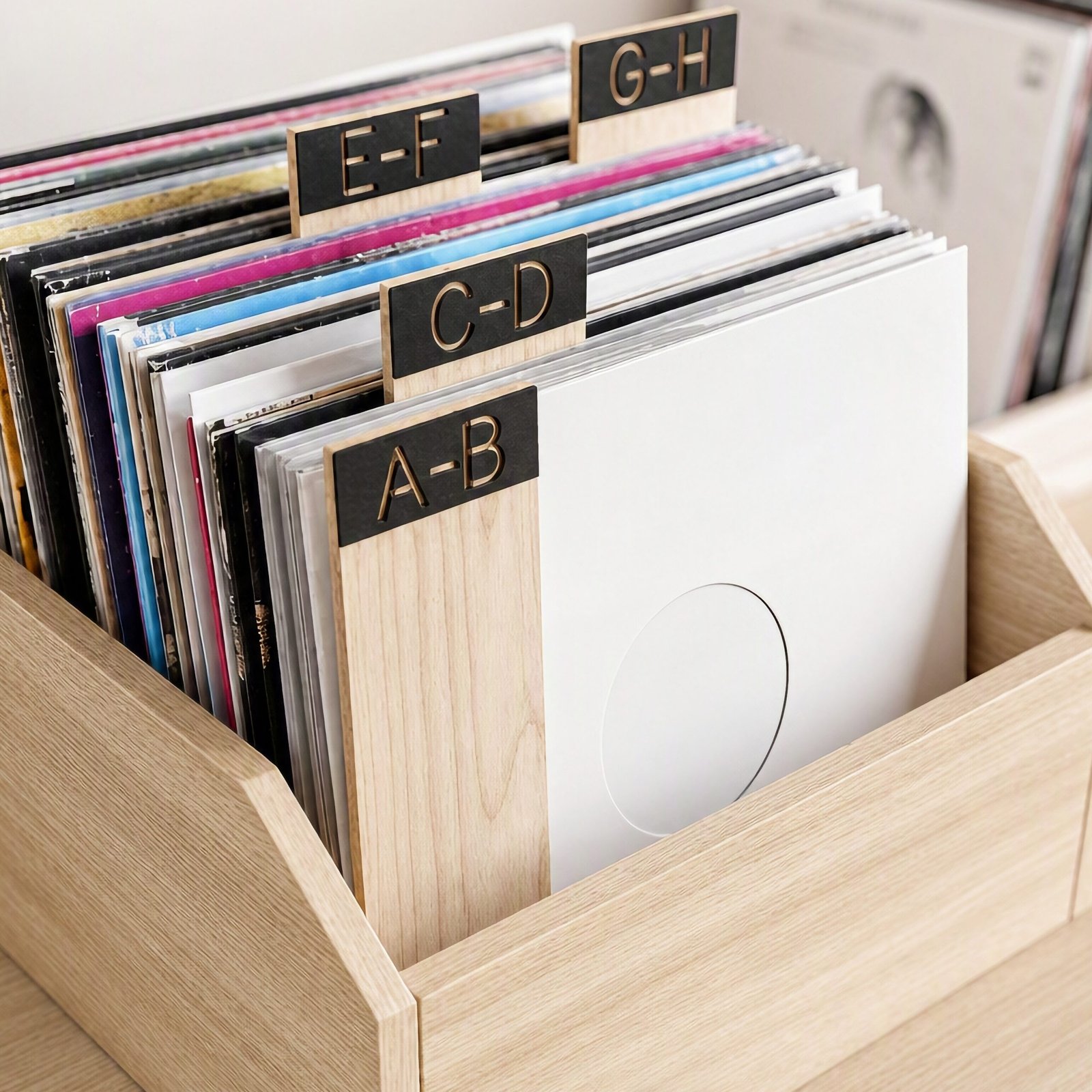 Alphabetized Vinyl Records in a Wooden Crate Vinyl record collection neatly organized with alphabetical wooden dividers in a wooden crate.