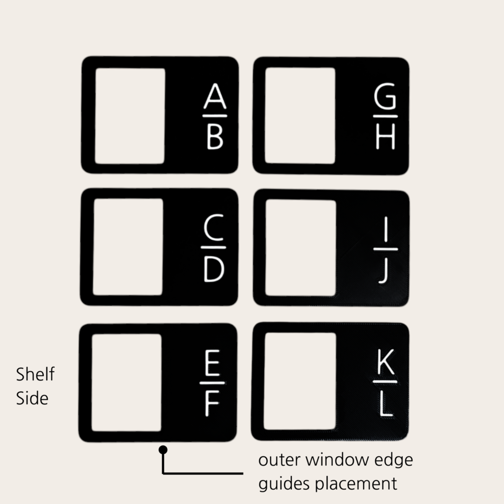 Diagram showing placement guide for dual-letter shelf tags labeled A through L.