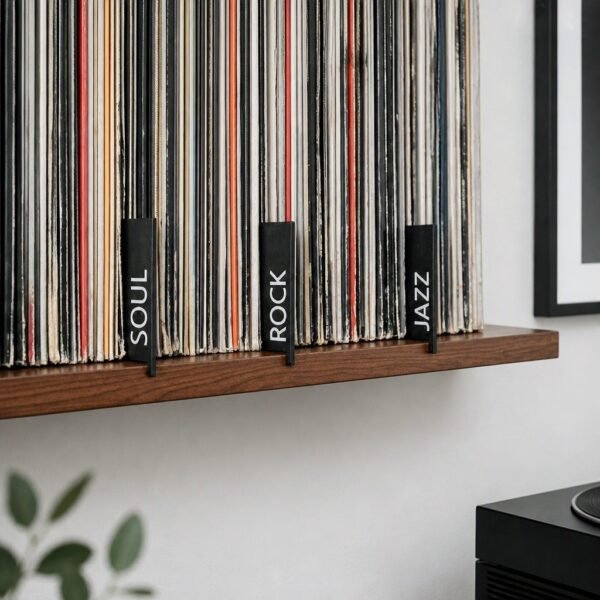 Organized vinyl records on a floating wooden shelf with jazz, rock, and soul dividers.