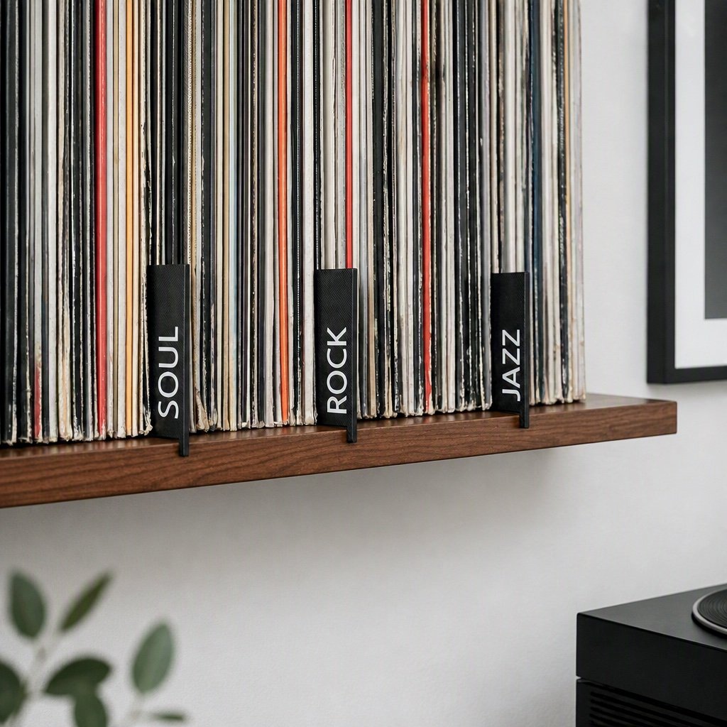 Organized vinyl records on a floating wooden shelf with jazz, rock, and soul dividers.