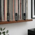 Organized vinyl records on a floating wooden shelf with jazz, rock, and soul dividers.