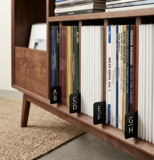 Mid-century walnut vinyl record cabinet with premium dual letter alphabetical divider tabs.
