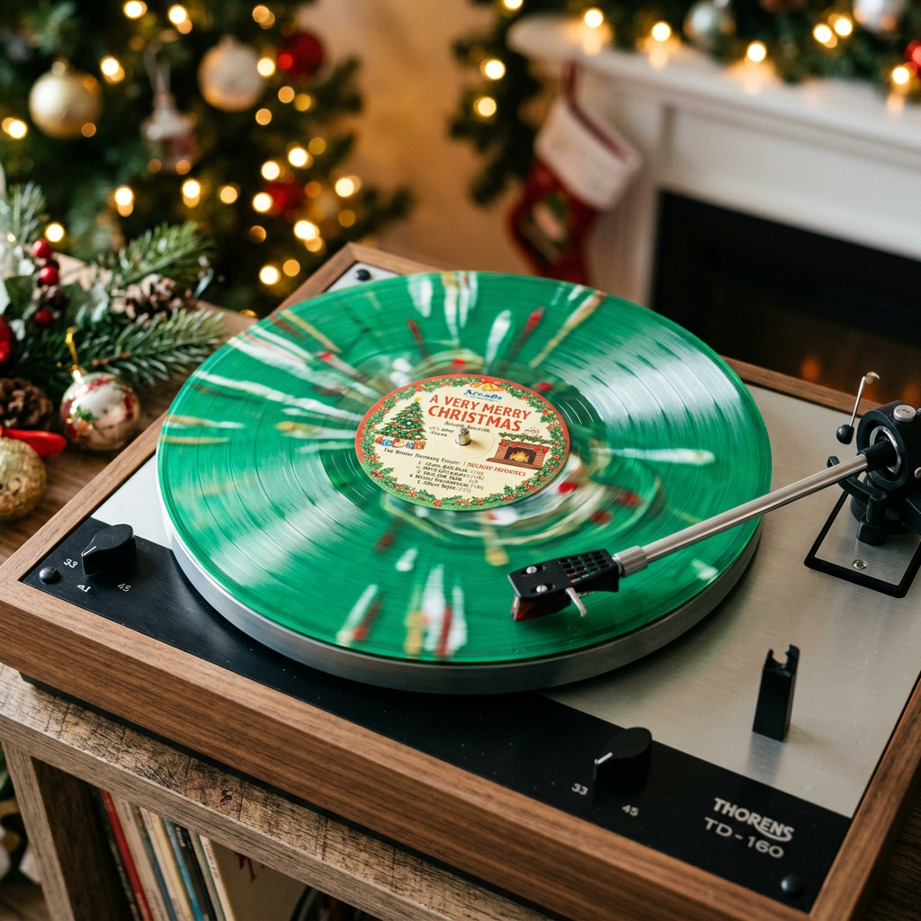Green Christmas record spinning on a vintage Thorens turntable