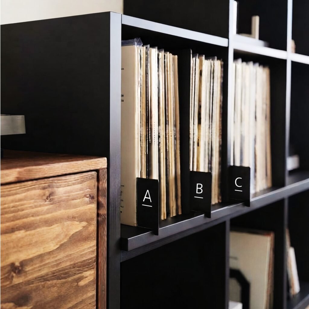 Square studio photo of Layer & Groove divider on clean backdropProduct photo of vinyl divider captured in Photoroom with isolated background