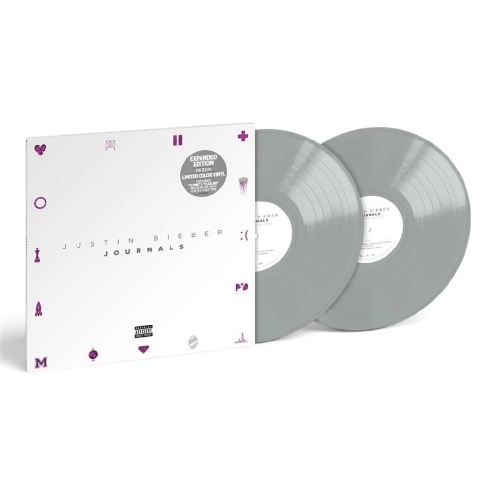 Justin Bieber Journals 2LP vinyl record set featuring silver discs and cover art.