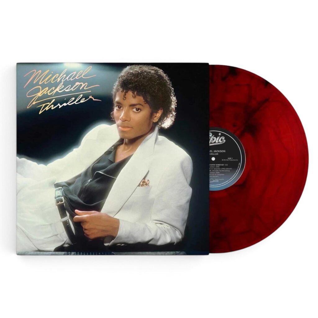 Michael Jacksons Thriller album cover with a red marbled vinyl record.