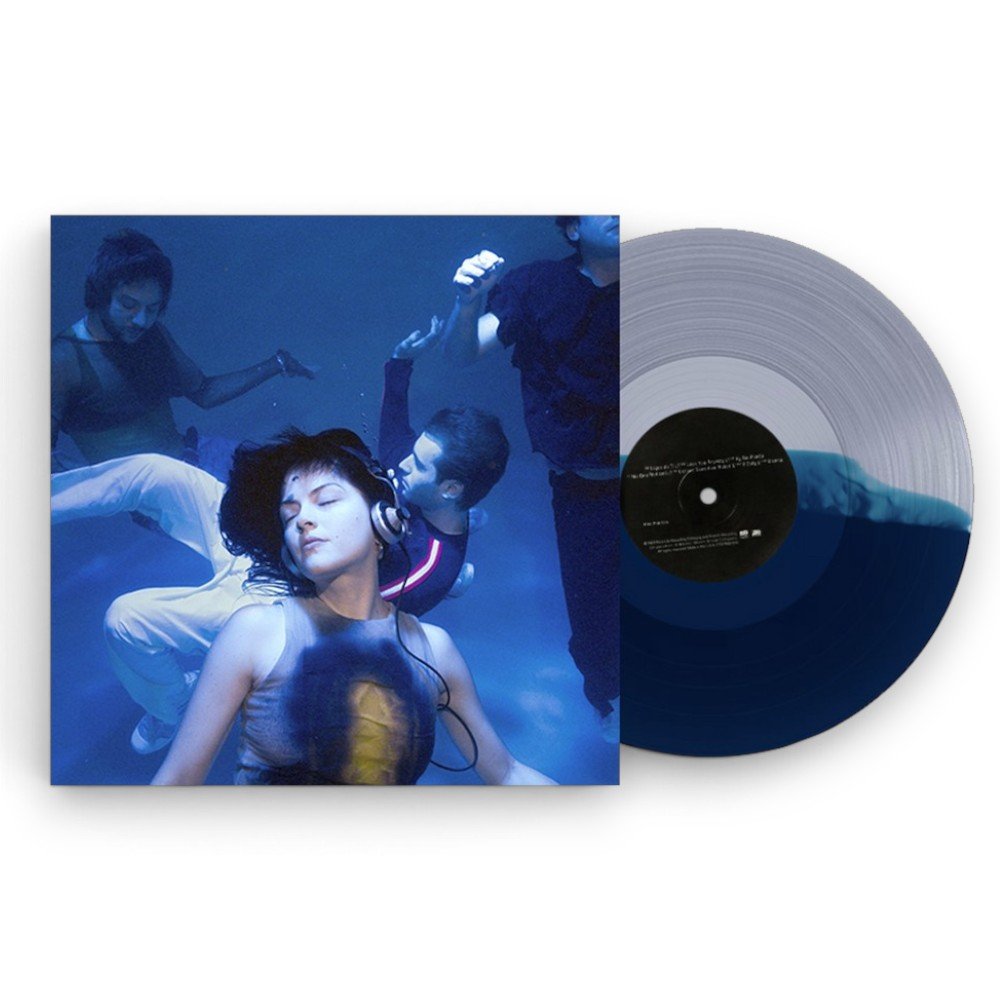 Vinyl record mockup featuring an underwater album cover and split-color navy LP.