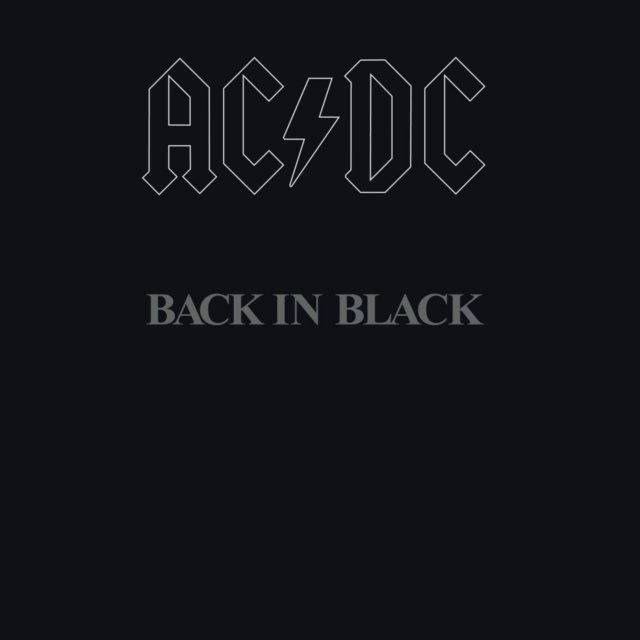 Minimalist AC/DC Back in Black album cover featuring outlined logo on black background.