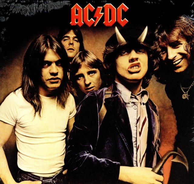 AC/DC Highway to Hell album cover featuring guitarist Angus Young wearing devil horns.