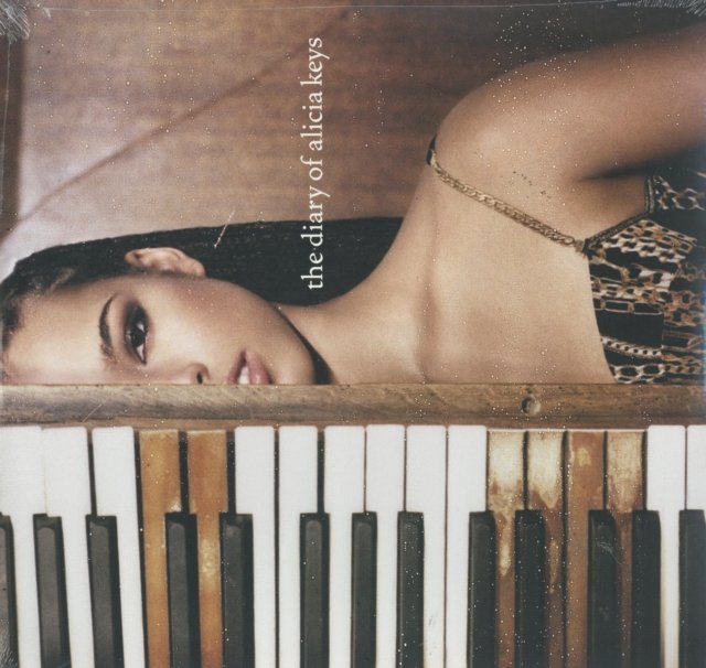 The Diary of Alicia Keys album cover with her portrait above vintage piano keys.