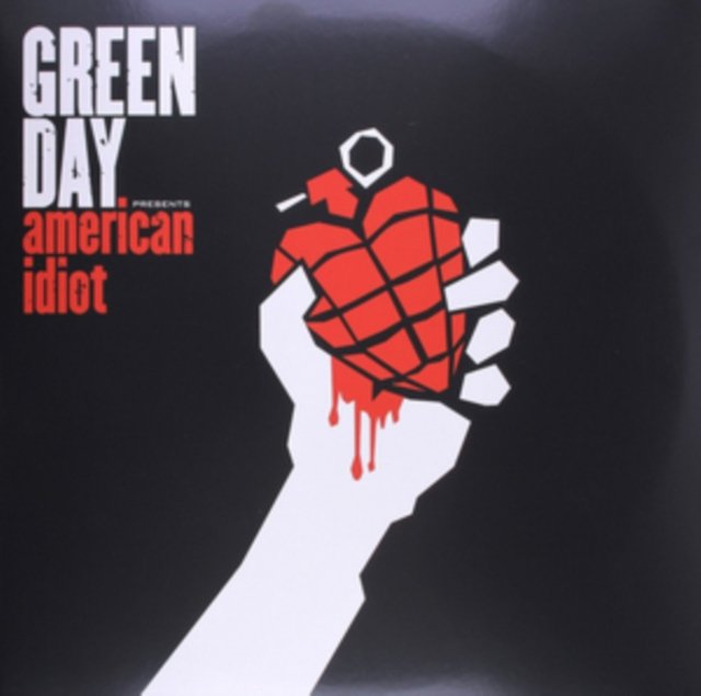 Green Days American Idiot album cover featuring a hand holding a red heart grenade.