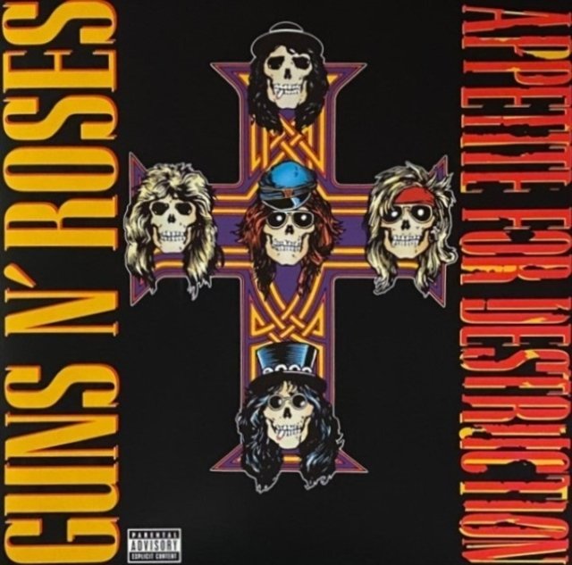 Guns N Roses Appetite for Destruction album cover with Celtic cross and band skulls.