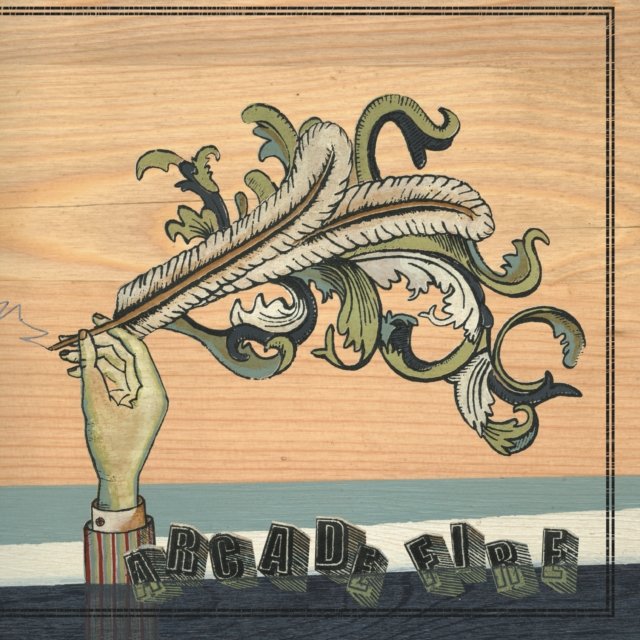 Arcade Fire Funeral album cover artwork featuring a hand holding an ornate quill.
