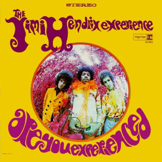 Yellow psychedelic album cover art for Are You Experienced by The Jimi Hendrix Experience.