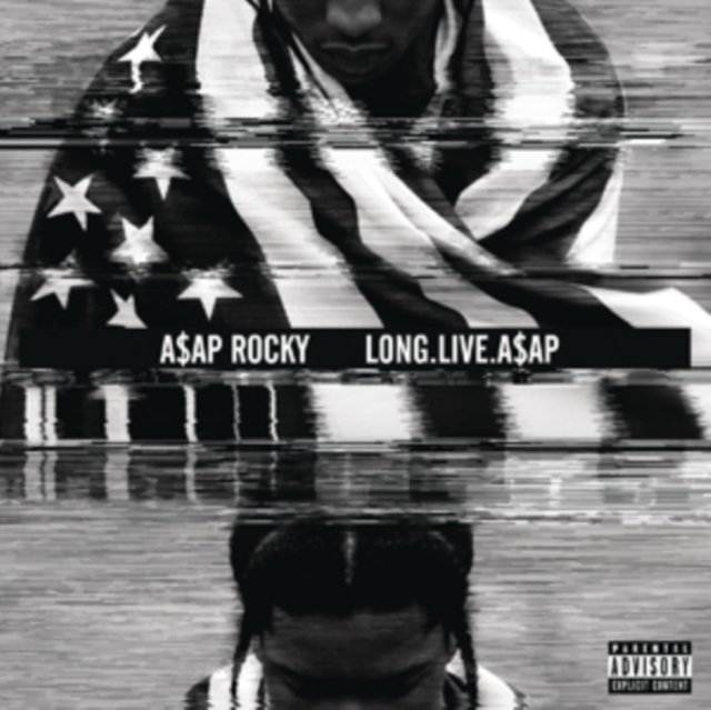 Black-and-white LONG.LIVE.A$AP album cover featuring A$AP Rocky draped in an American flag.