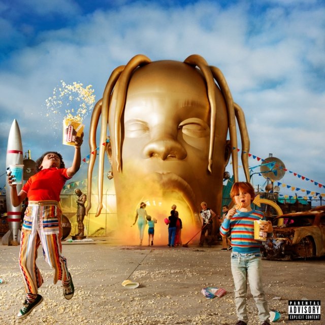 0190758883618.jpg Travis Scotts Astroworld album cover featuring a giant golden head entrance.