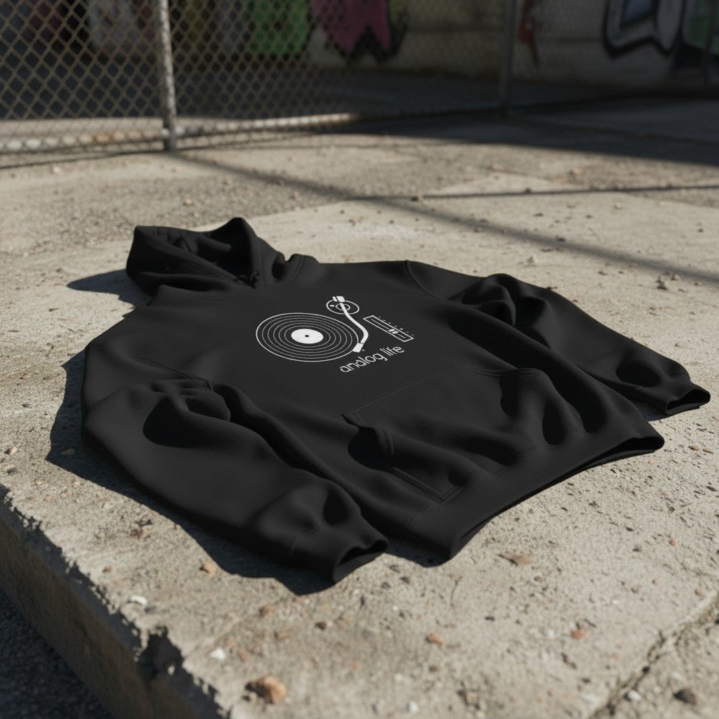 Black hoodie featuring a white vinyl record player graphic reading analog life.