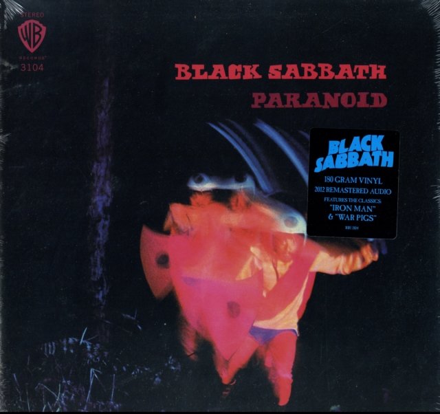 Front cover of Black Sabbaths Paranoid vinyl LP album in clear protective plastic.