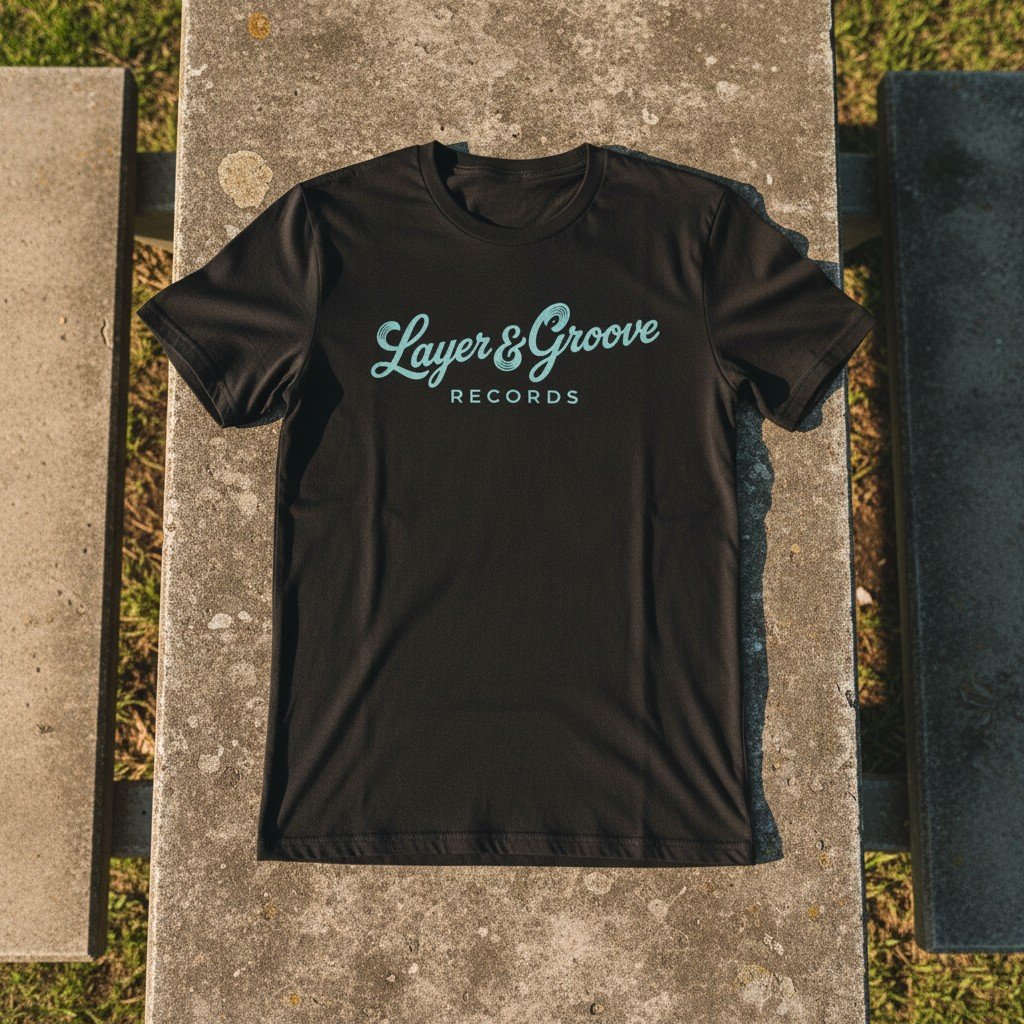 Black graphic t-shirt with a light blue Layer & Groove Records logo on concrete.