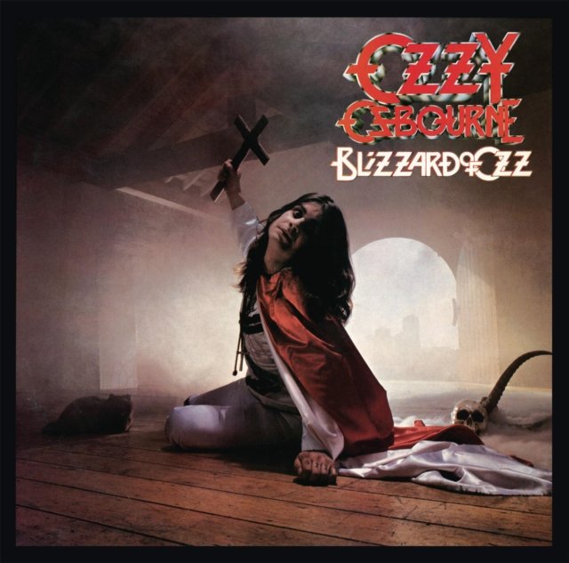 Blizzard of Ozz album cover featuring Ozzy Osbourne in a red cape holding a cross.