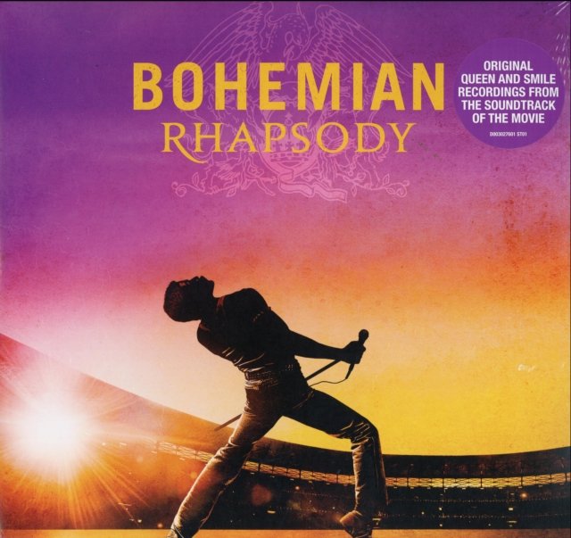 Bohemian Rhapsody movie soundtrack album cover featuring a silhouette of Freddie Mercury performing.