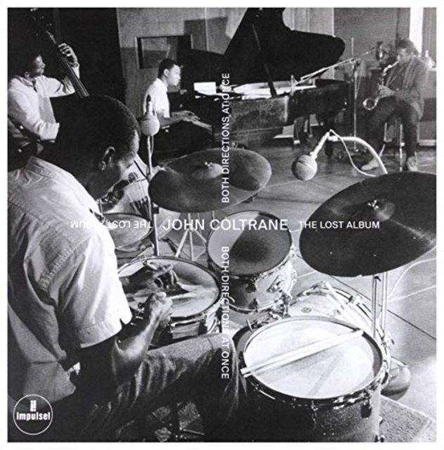 Black-and-white album cover for John Coltranes Both Directions at Once: The Lost Album.