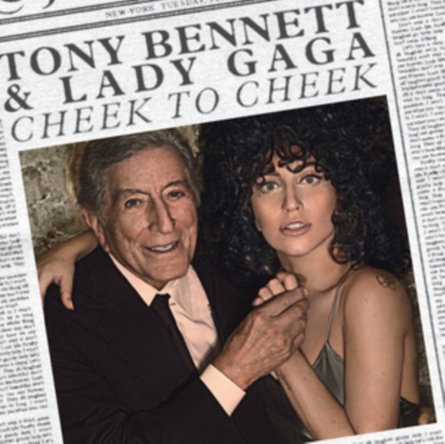 Vintage newspaper-style album cover for Cheek to Cheek by Tony Bennett and Lady Gaga.
