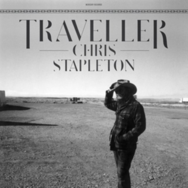 Black and white album cover for Chris Stapletons Traveller featuring the artist in a landscape.