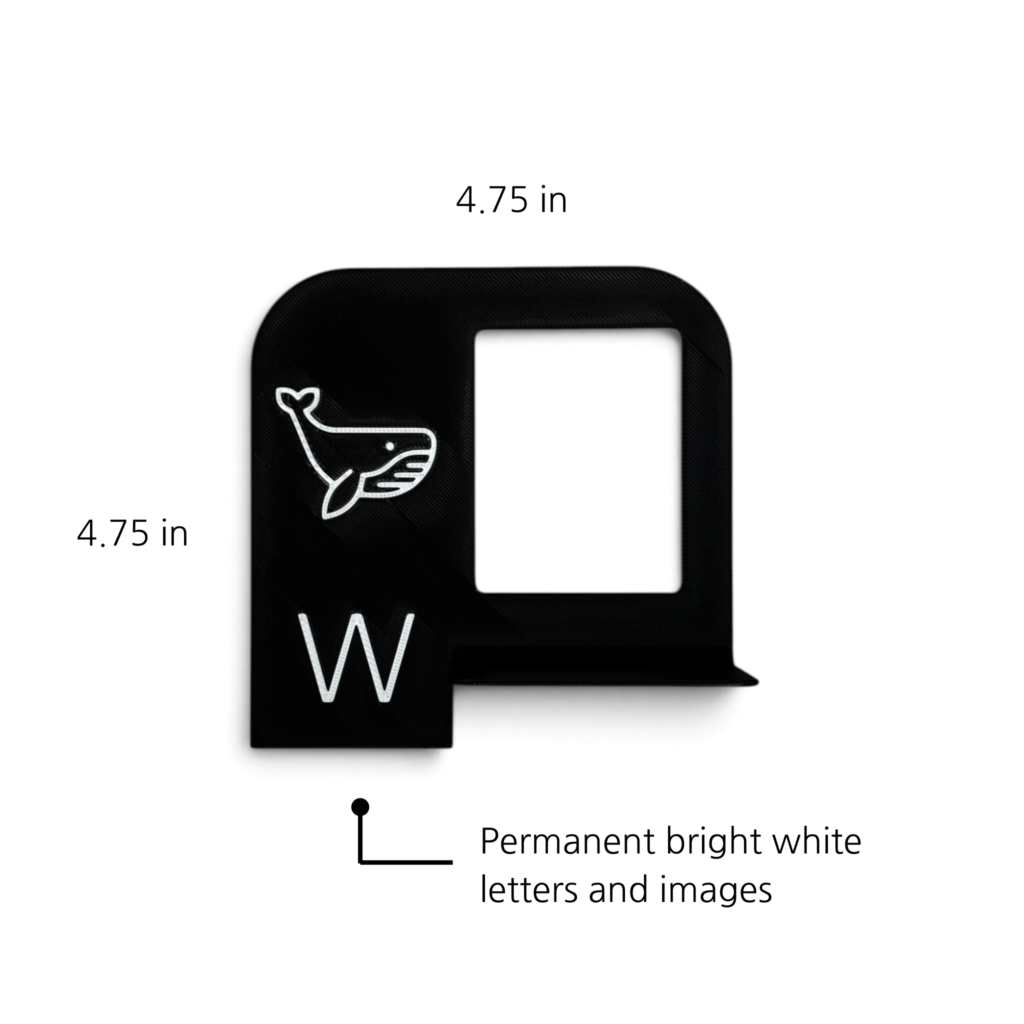 Black classroom book divider tab with letter W, whale graphic, and product dimensions.