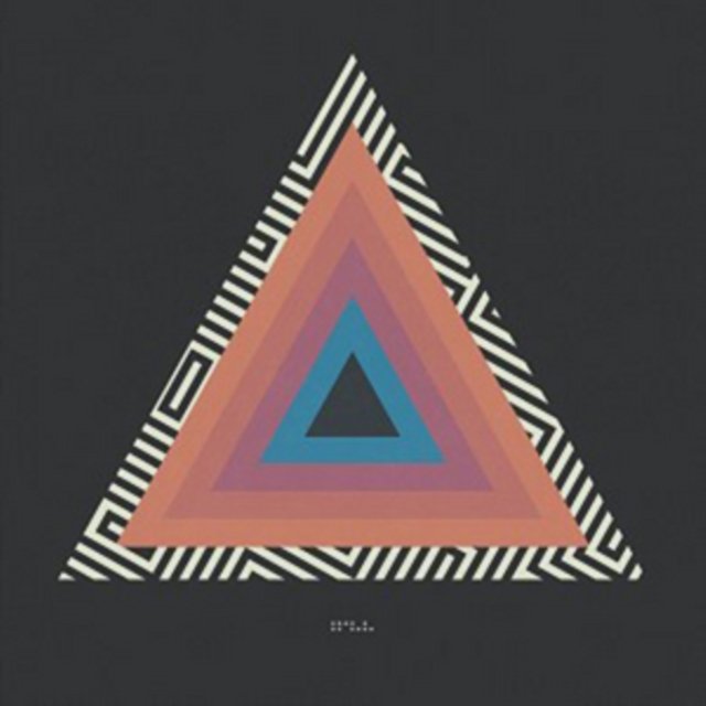 Minimalist geometric artwork of colorful concentric triangles with an optical pattern on a dark background.