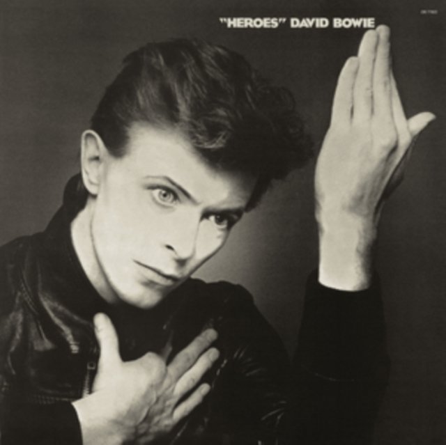 Iconic black-and-white portrait of David Bowie on his Heroes album cover.