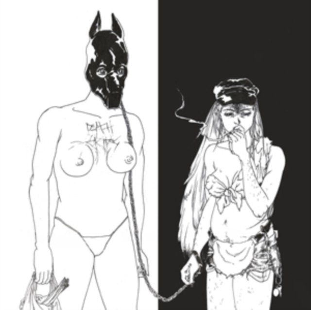 Black and white split illustration of two BDSM punk figures with a Death Grips tattoo.