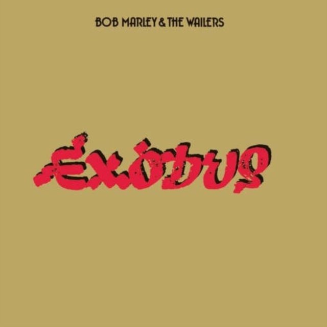 Bob Marley and The Wailers Exodus album cover featuring bold red text on gold background.