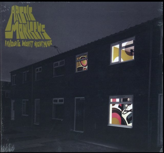 Arctic Monkeys Favourite Worst Nightmare album cover showing dark terraced houses with glowing windows.