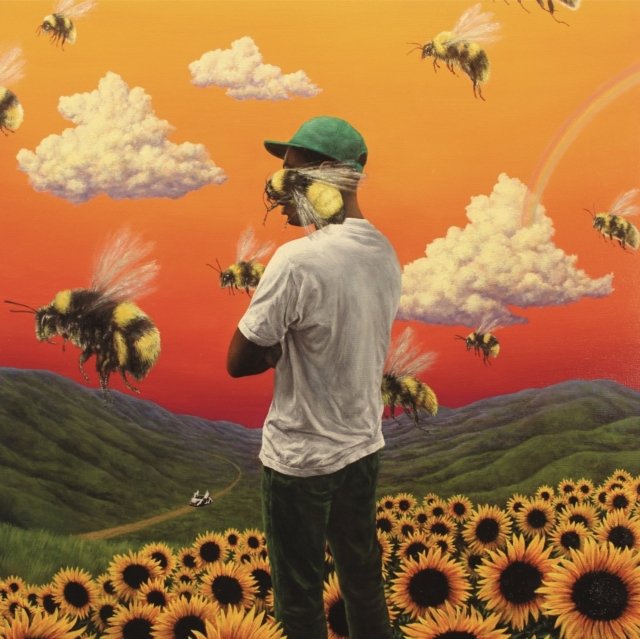 Tyler, the Creators Flower Boy album cover featuring sunflowers and giant bees.
