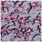 A dense flock of vibrant pink flamingos flying across a pale sky.