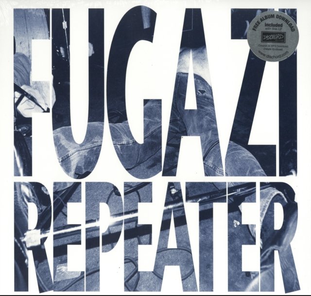 Album cover for Repeater by Fugazi, featuring bold typography filled with a stage photo.
