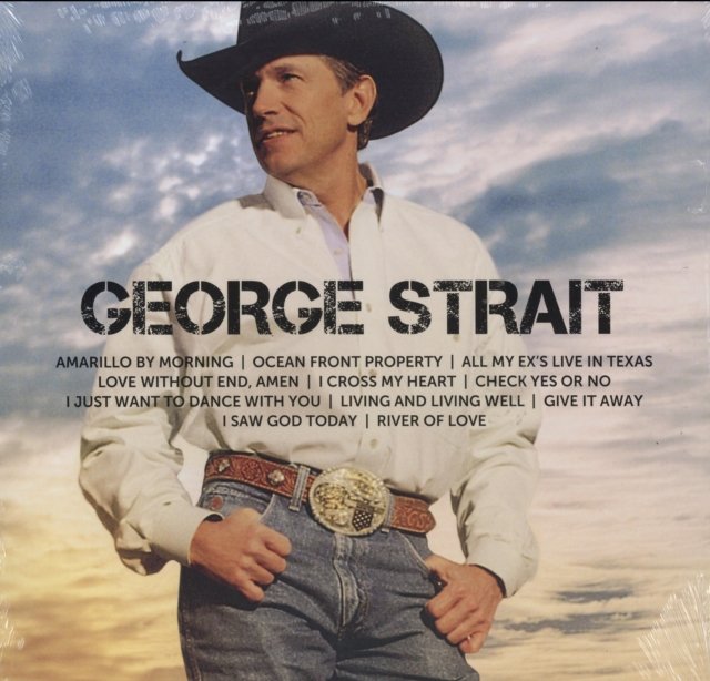George Strait greatest hits album cover featuring the country singer in a black cowboy hat.