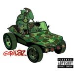 Gorillaz 2001 self-titled debut album art featuring the virtual band in a camouflage Geep.
