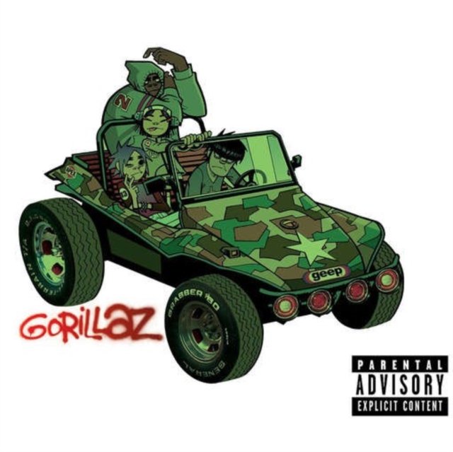 Gorillaz 2001 self-titled debut album art featuring the virtual band in a camouflage Geep.