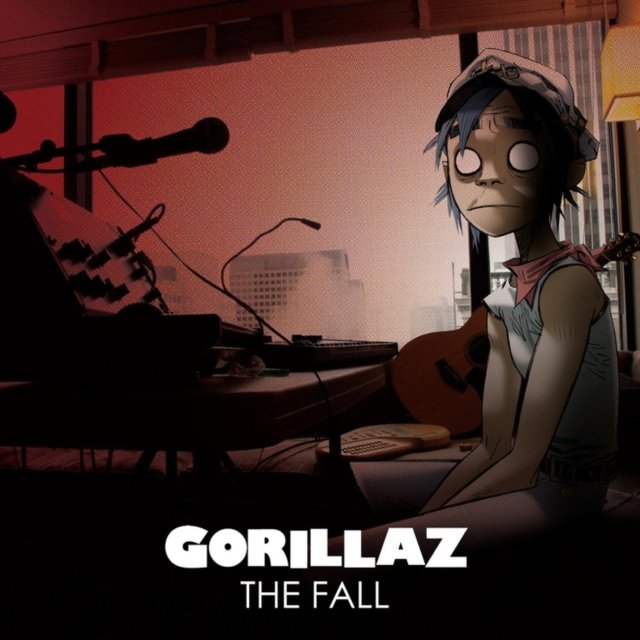Gorillaz album cover artwork for The Fall, featuring 2-D in a music studio.