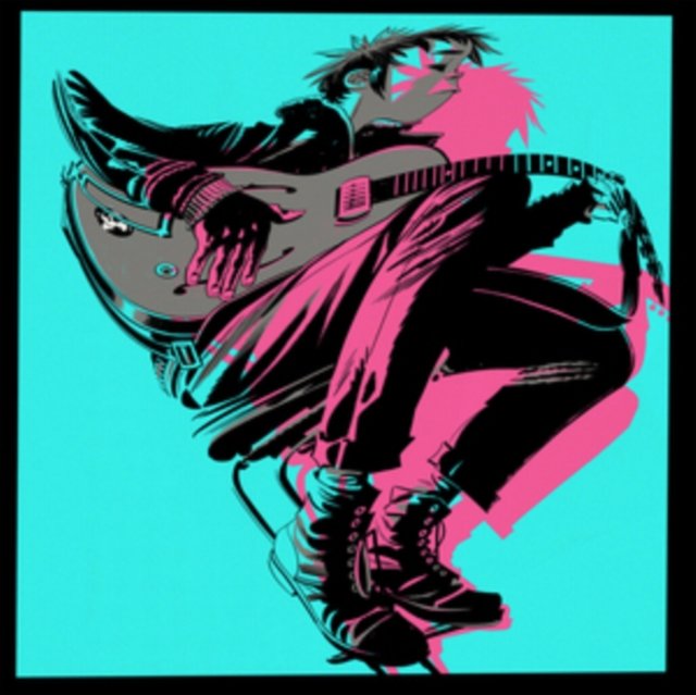 Gorillaz album cover art for The Now Now featuring 2-D playing guitar.