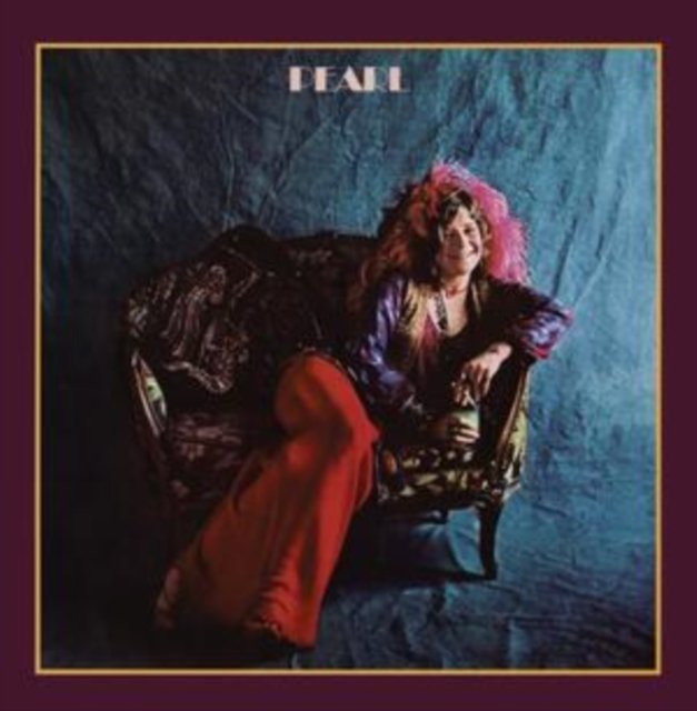 Iconic Pearl album cover featuring singer Janis Joplin lounging on a vintage settee.