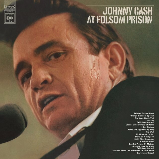 Johnny Cash at Folsom Prison album cover featuring a sweaty close-up portrait of Cash.