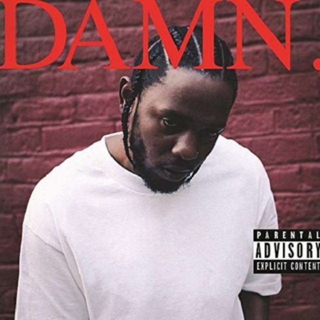 Kendrick Lamars DAMN. album cover featuring his somber portrait against a dark brick wall.