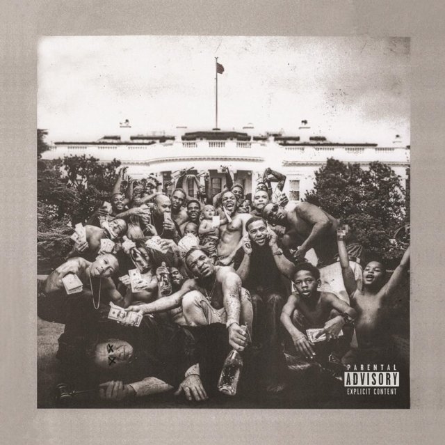Kendrick Lamars To Pimp a Butterfly album cover featuring a crowd outside the White House.