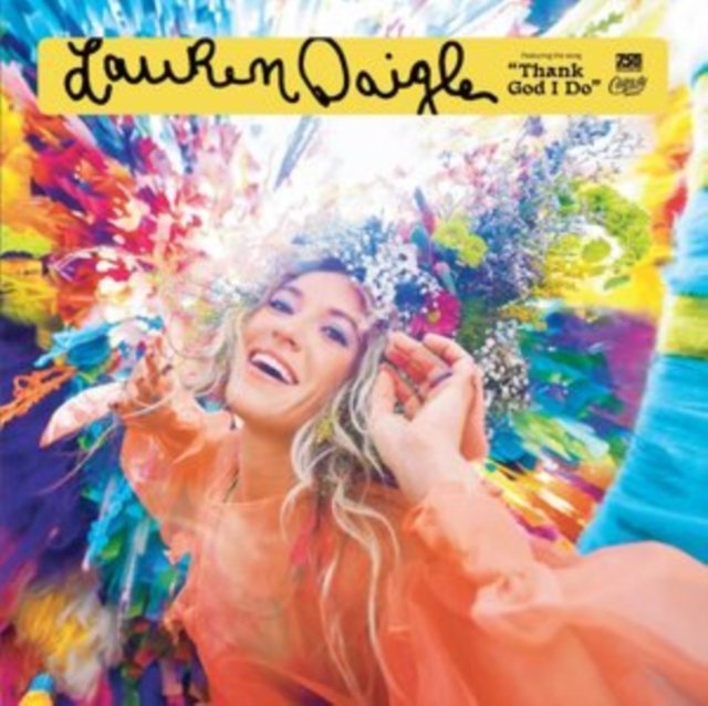 Lauren Daigle smiling on her self-titled album cover artwork surrounded by vibrant colorful flowers.