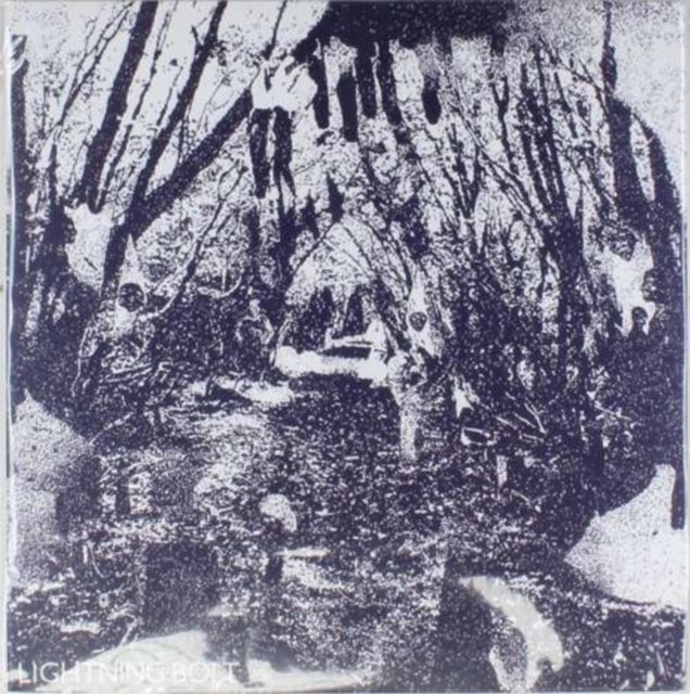 Gritty, high-contrast black-and-white forest artwork featuring text that reads Lightning Bolt.